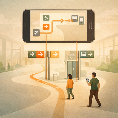 Airport app and terminal signage aligned with consistent labels and routing guidance during disruption