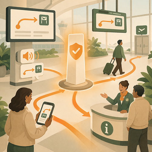 Coordinated airport disruption messaging across apps, signage, and staff ensuring consistent routing and passenger guidance