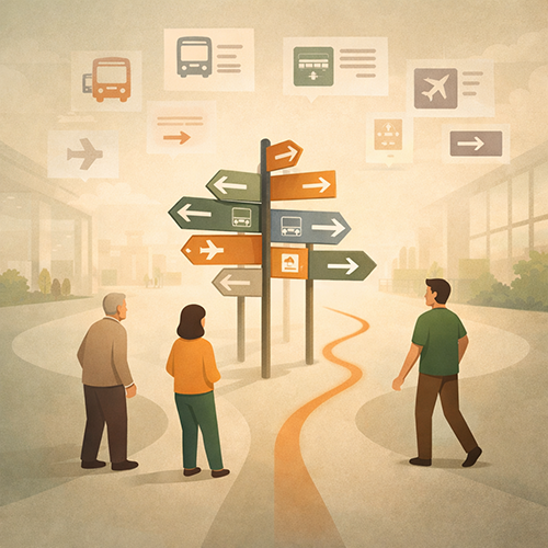 Airport disruption showing conflicting signs, inconsistent labels, and passengers confused about next steps