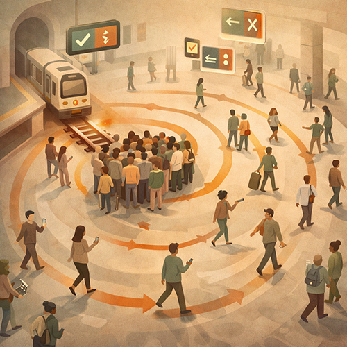 Crowded rail platform during disruption with unclear updates causing confusion and passenger congestion