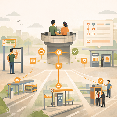 Coordinated transit communication showing integrated dashboard, signage, alerts, and staff messaging across channels