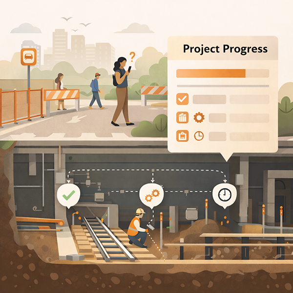 Transit capital project dashboard showing construction progress, underground work, and public-facing updates