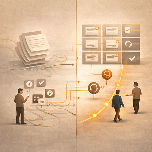 Customer service script workflow showing updates, version control, and continuous improvement to reduce escalations