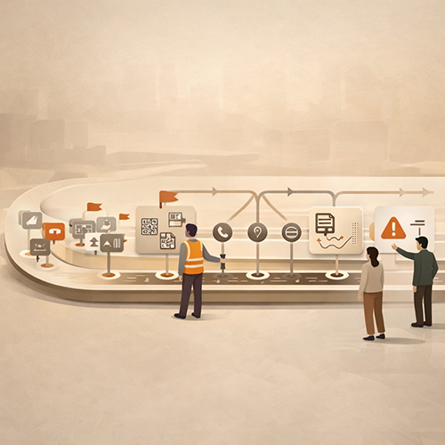 Transit feedback loop showing tagging, routing to teams, actions taken, and communication back to riders