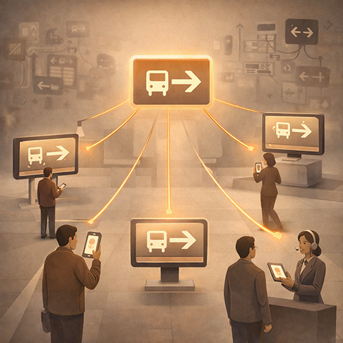 Transit system showing unified messaging across app, signage, staff, and customer service channels