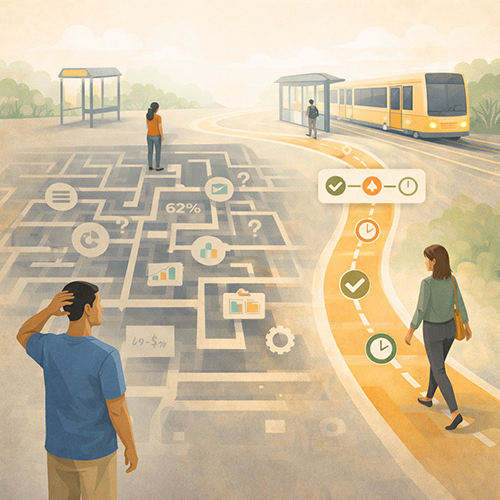 Complex transit dashboard with multiple charts contrasted with simple mobile-friendly rider-focused reliability view