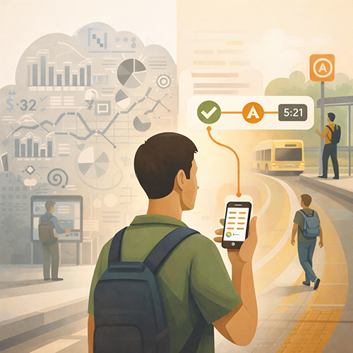 Transit reliability dashboard comparing complex data view with simple rider-focused summary for quick decisions
