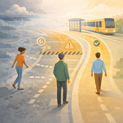 Transit dashboard highlighting reliability trends, long-gap thresholds, and variability for clear rider decision-making