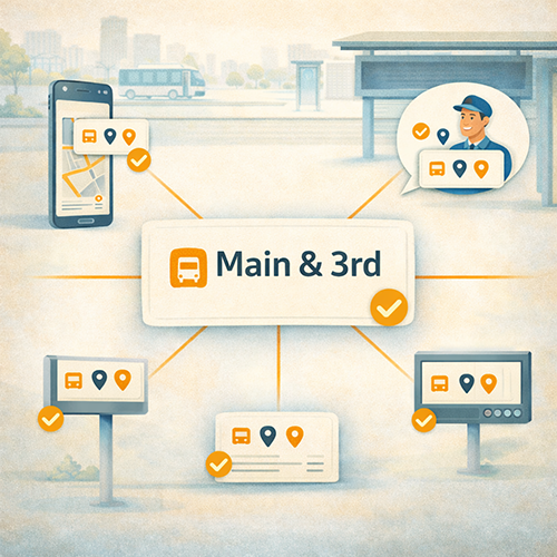 Consistent temporary bus stop name shown across map, mobile app, signage, and transit alert systems