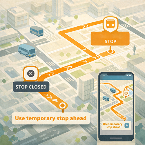 Urban transit detour map showing closed stop and directions to temporary bus stop on mobile app