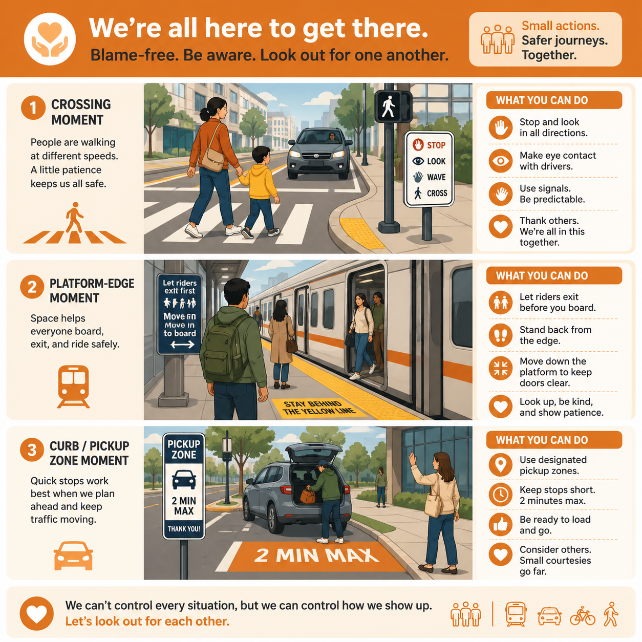 Scenario-based transportation safety guide showing crossing, platform-edge, and pickup-zone moments with practical, blame-free action steps.