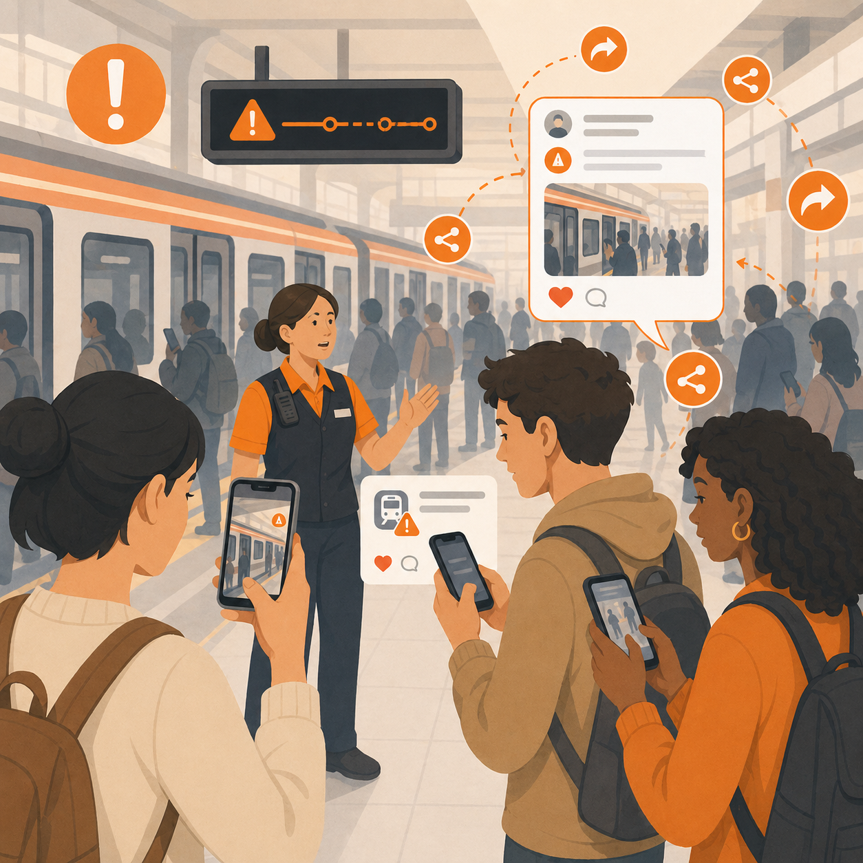 Transit disruption assistance scene showing accessible routing, language options, help point signage, and verified information sharing for diverse riders.