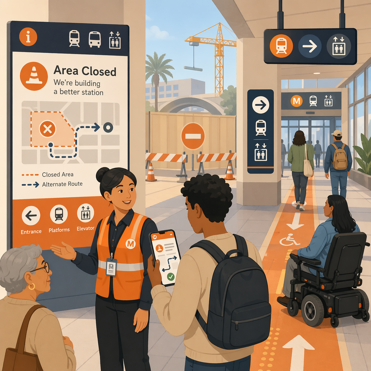 Illustration of transit riders navigating a station construction zone with clear temporary signs, digital updates, and staff guidance