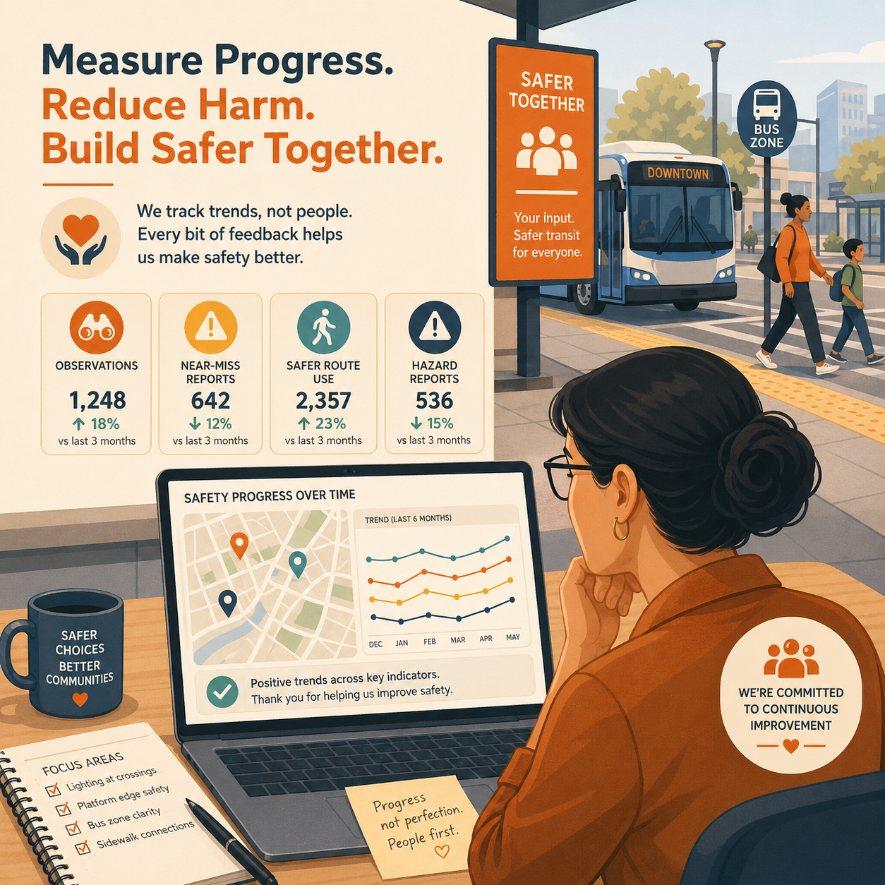 Transportation safety progress dashboard showing location-based indicators, hazard reports, safer route use, and improvement trends over time.