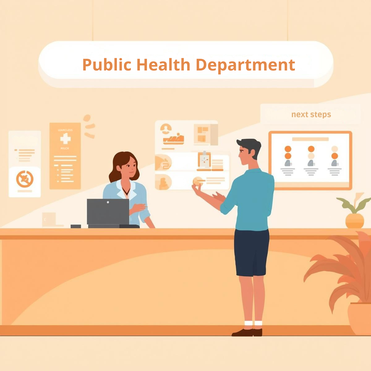 Public health staff using calm plain-language communication at an information desk