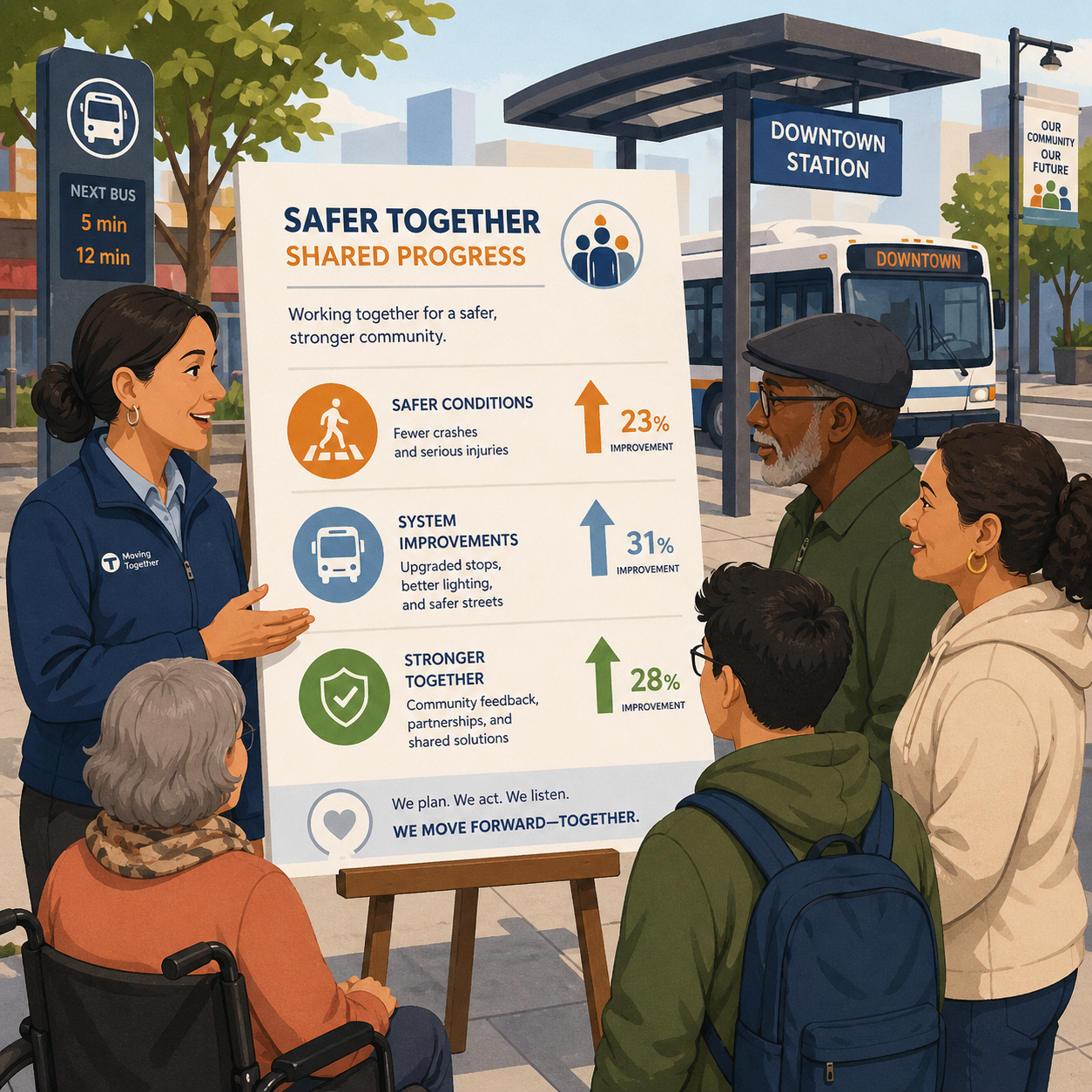Transit agency representative sharing safety campaign results with community members as shared progress and system improvements.