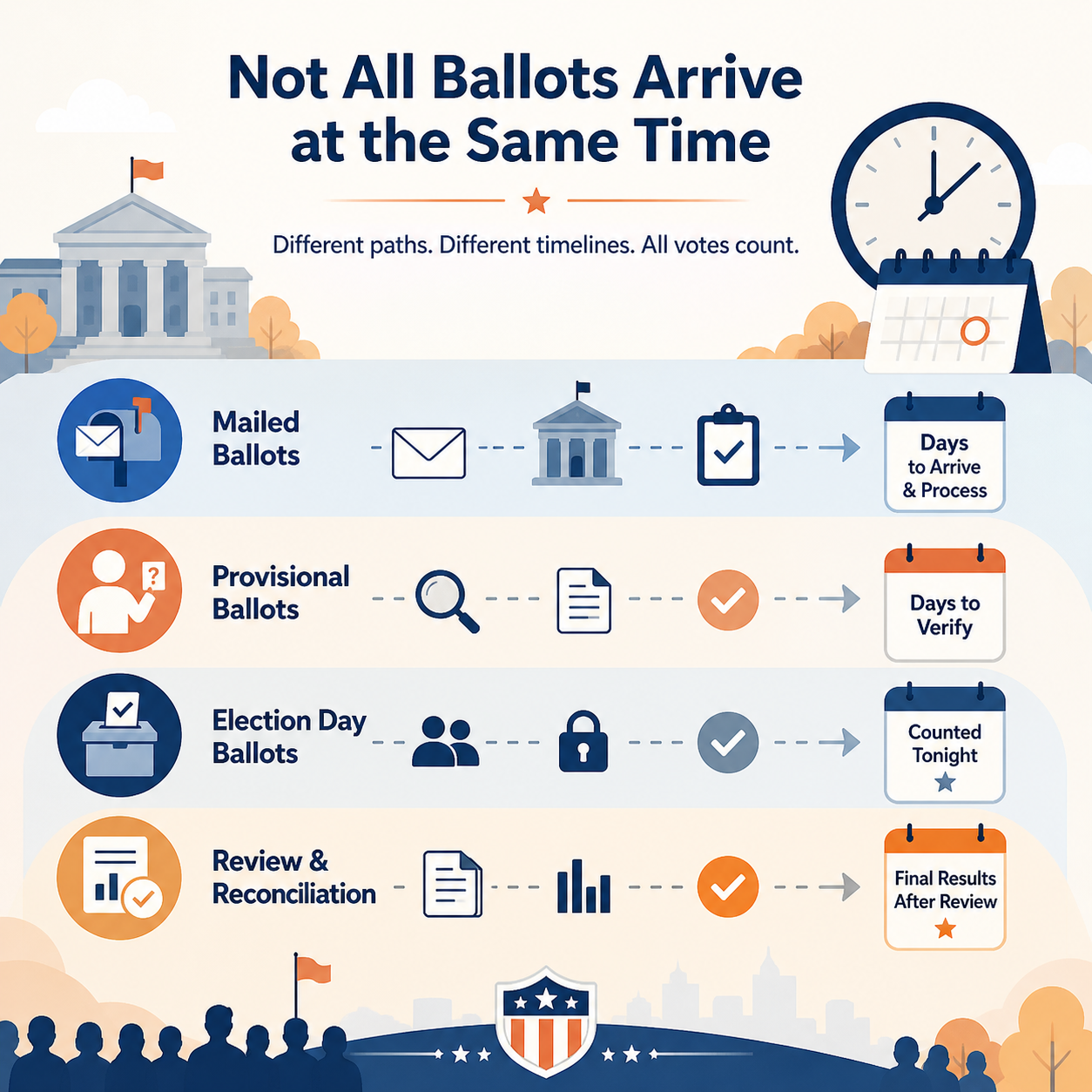 Visual guide showing mailed ballots, provisional ballots, Election Day ballots, and review steps moving through different election result timelines.