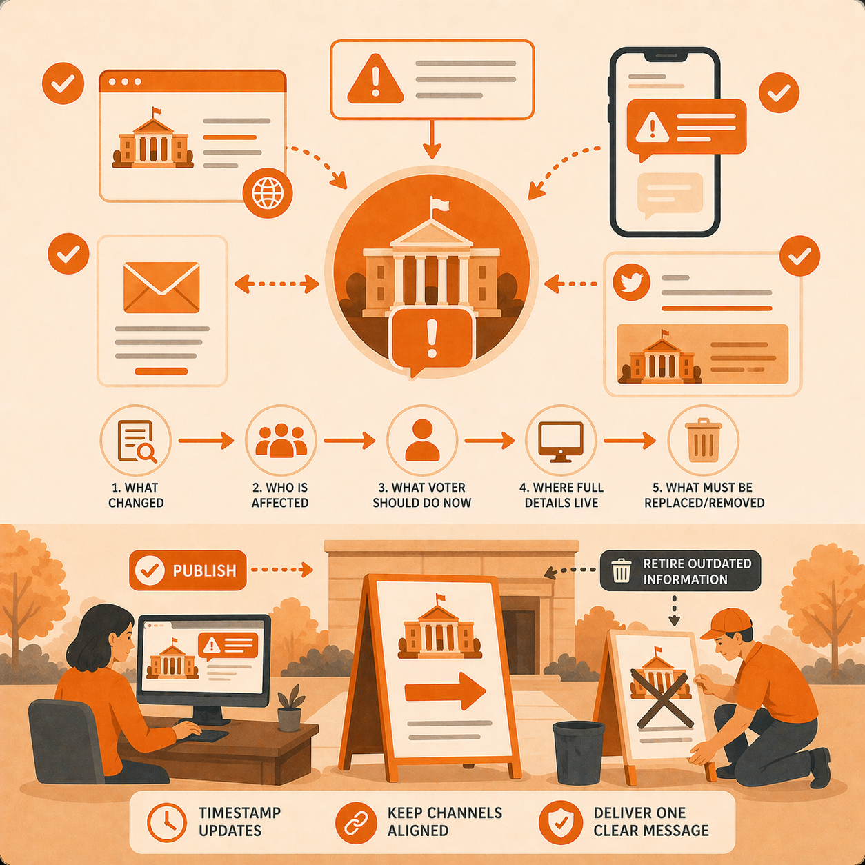 Election disruption showing aligned updates across website, alerts, and signage replacing outdated information