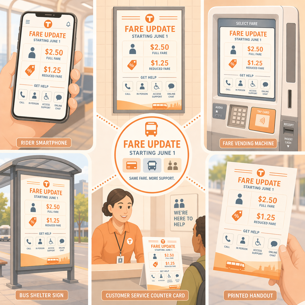 Fare change information appears consistently across a phone, station poster, vending machine, and printed materials, with reduced fare support shown alongside prices.