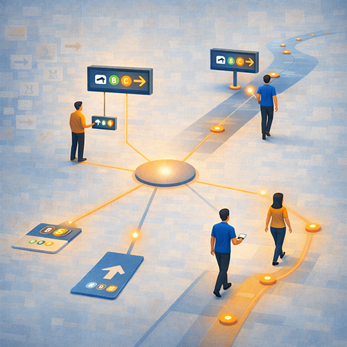 Integrated wayfinding system aligning signage, digital tools, and staff guidance for clear navigation in transit and airports