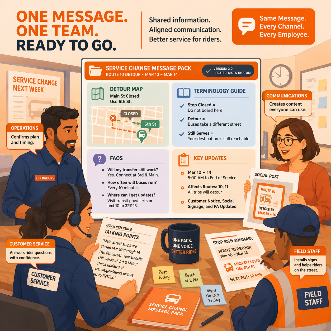 Transit agency staff using one shared message pack for coordinated service change communication