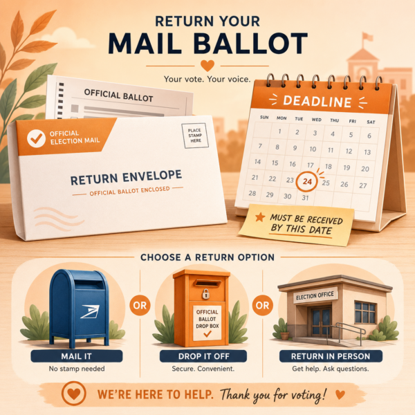 Voter reads step-by-step mail ballot instructions beside the ballot, secrecy envelope, and return envelope
