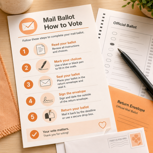Mail ballot return guide highlights the deadline and shows return options including mail, drop box, and in-person return