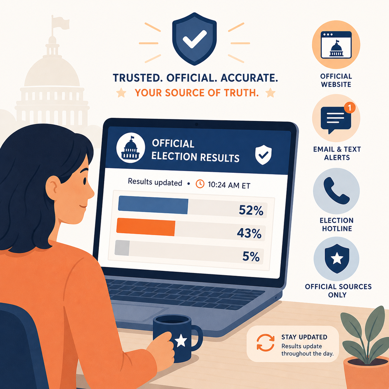 Voter viewing an official election results page with updated totals, time stamp, and trusted sources for accurate results information.