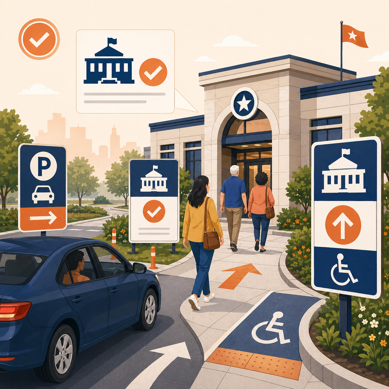 Voters arriving at a consolidated polling place with clear parking, entrance, and accessible route signage guiding them to the correct location