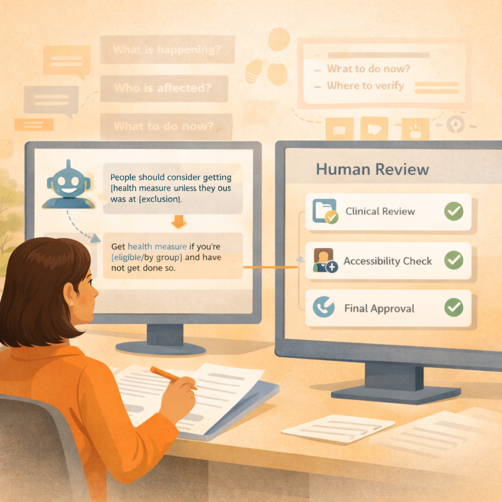 Public health staff reviewing AI-generated content through a human approval process