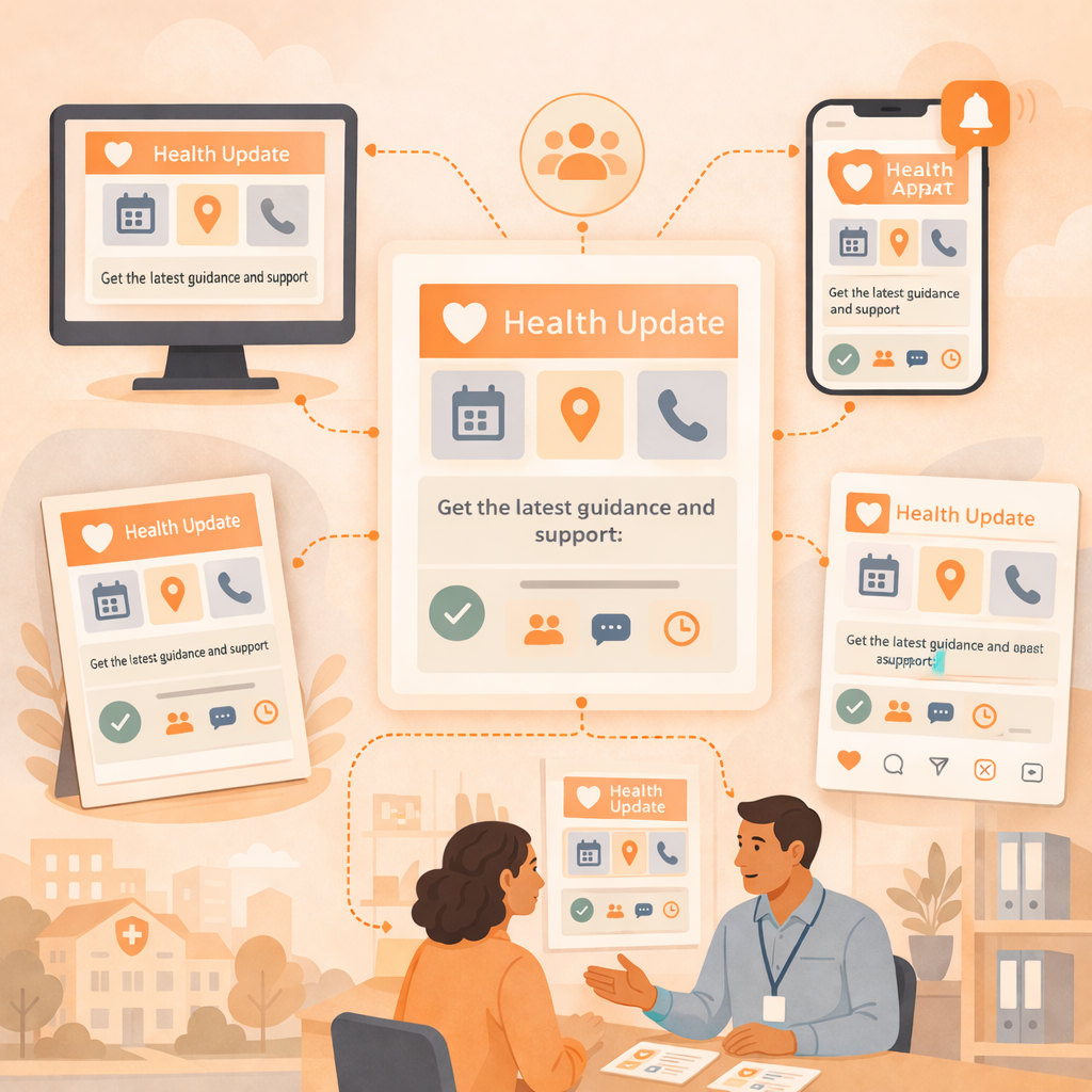 Consistent public health tone carried across web, mobile, print, and staff communication