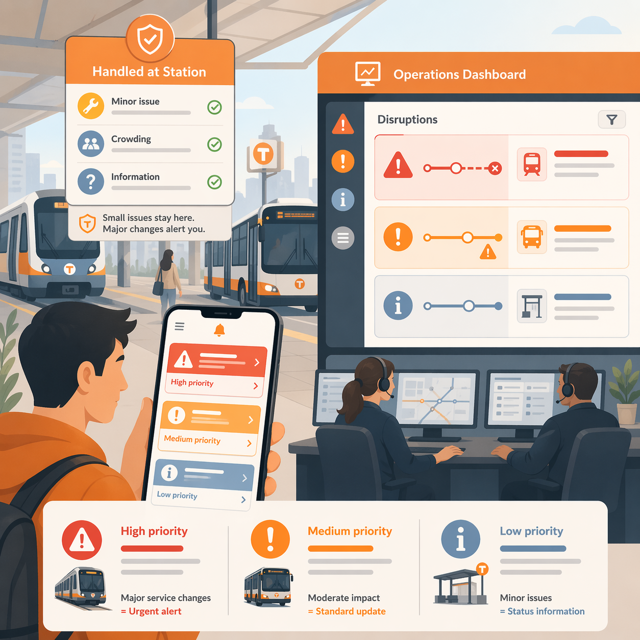 Illustration of a public transit alert triage system showing high, medium, and low priority rider alerts for buses and trains during service disruptions.