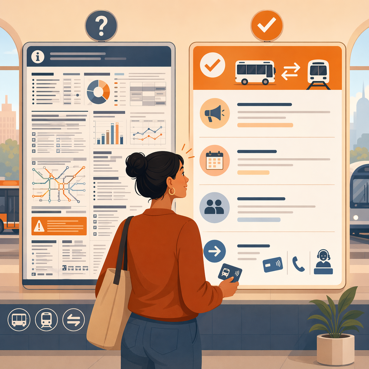 A side-by-side comparison shows a confusing technical fare notice and a clear rider-first fare message that is easier for a transit rider to understand.