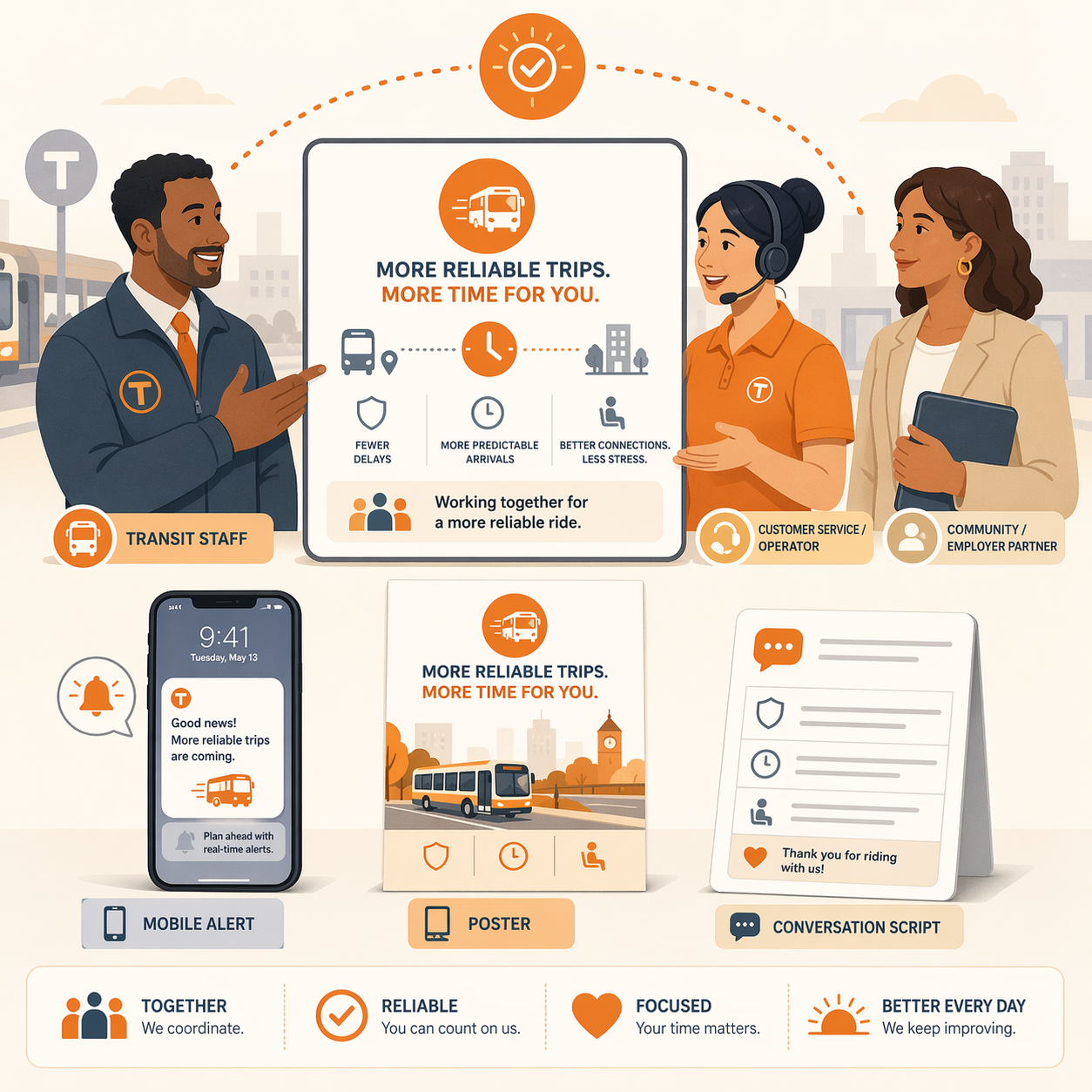 Illustration of transit staff and community partners using one shared explanation for reliability improvements