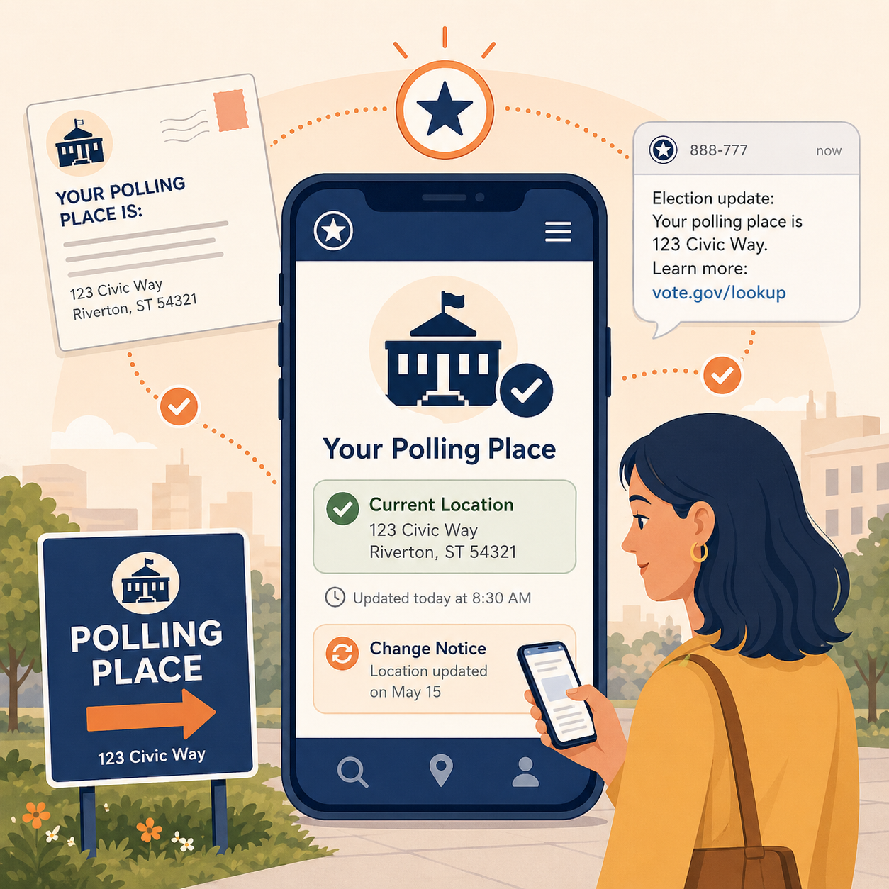 Mobile-friendly polling place update page showing current location information, time stamp, and change notice to help voters verify official election guidance