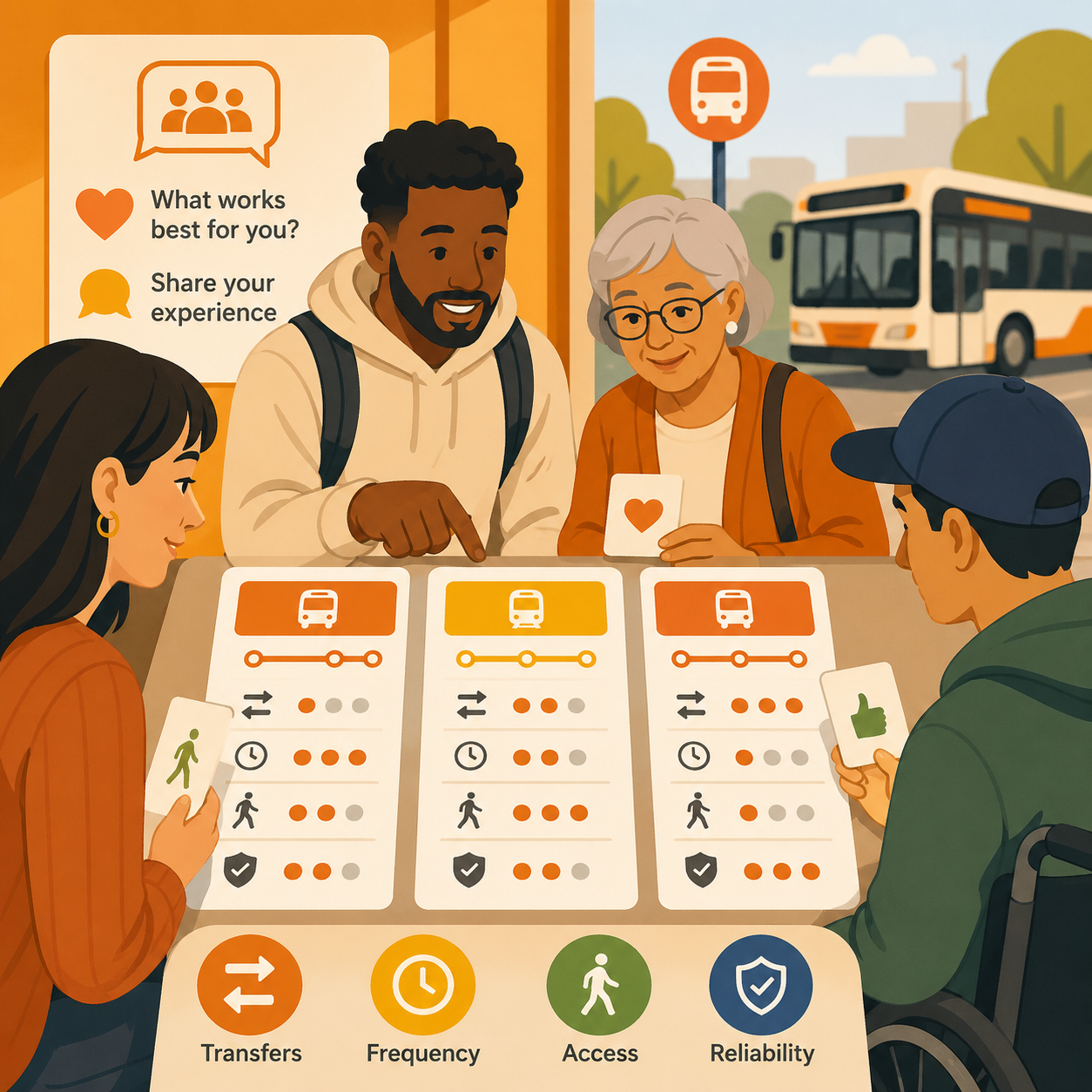 Community members comparing transit service options with simple cards and icons to provide structured, decision-ready feedback