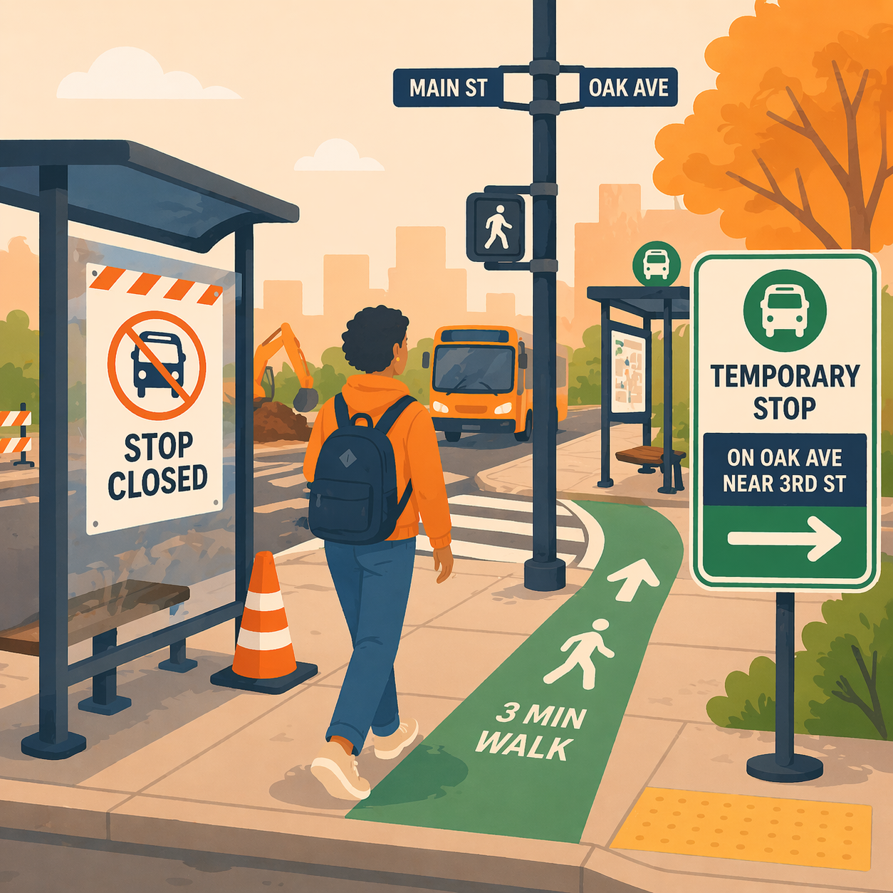 Transit rider following clear directions to a temporary replacement stop