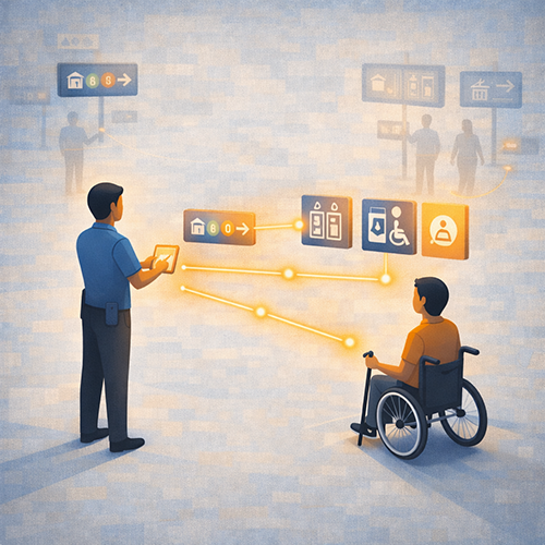 Transit staff assisting rider with accessibility guidance using consistent scripts and updated information