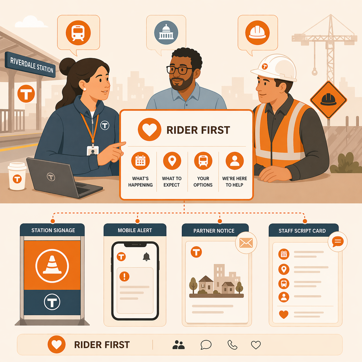 Illustration of transit staff, city partner, and contractor aligned around one shared construction message
