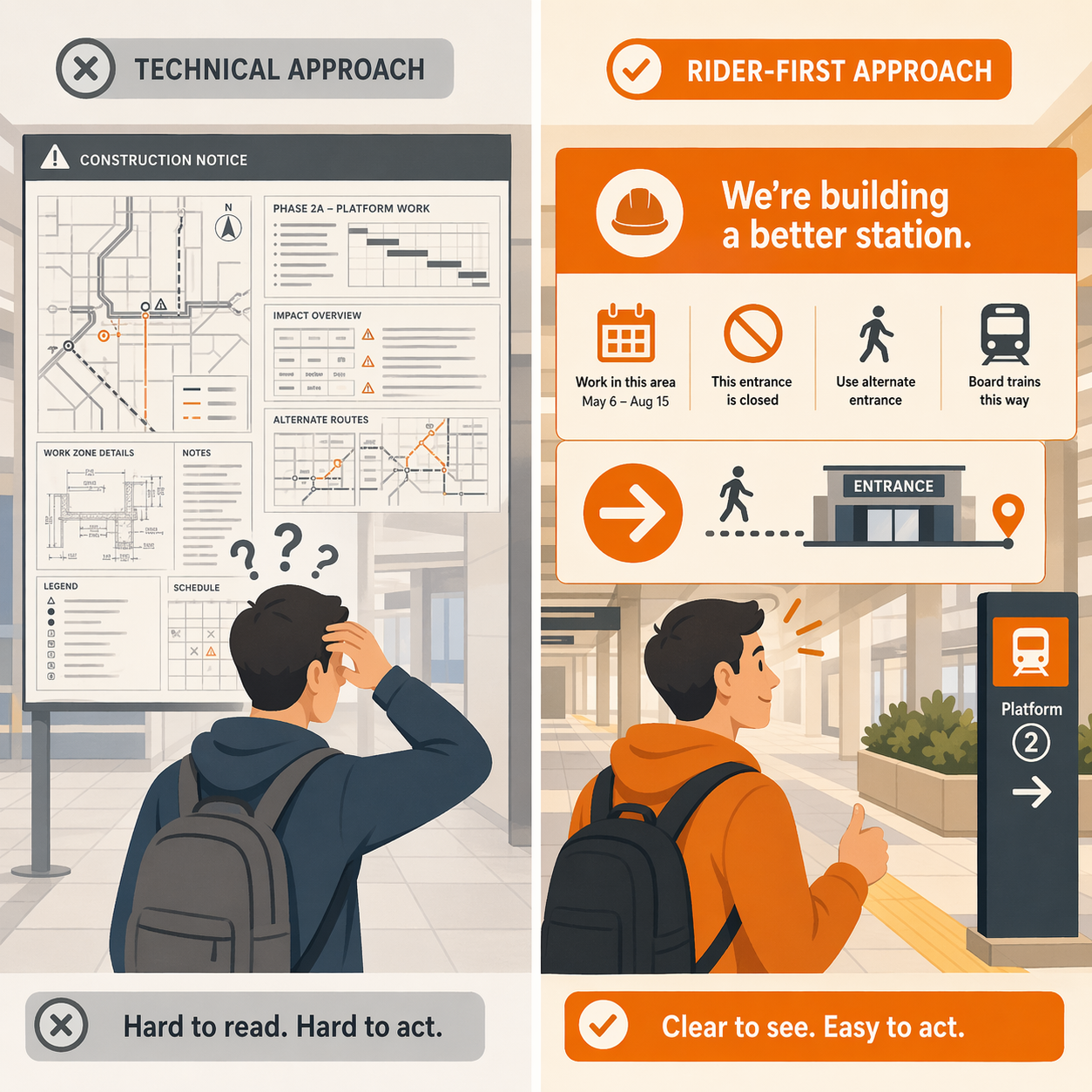 Illustration comparing technical construction communication with practical rider-focused guidance in a transit setting