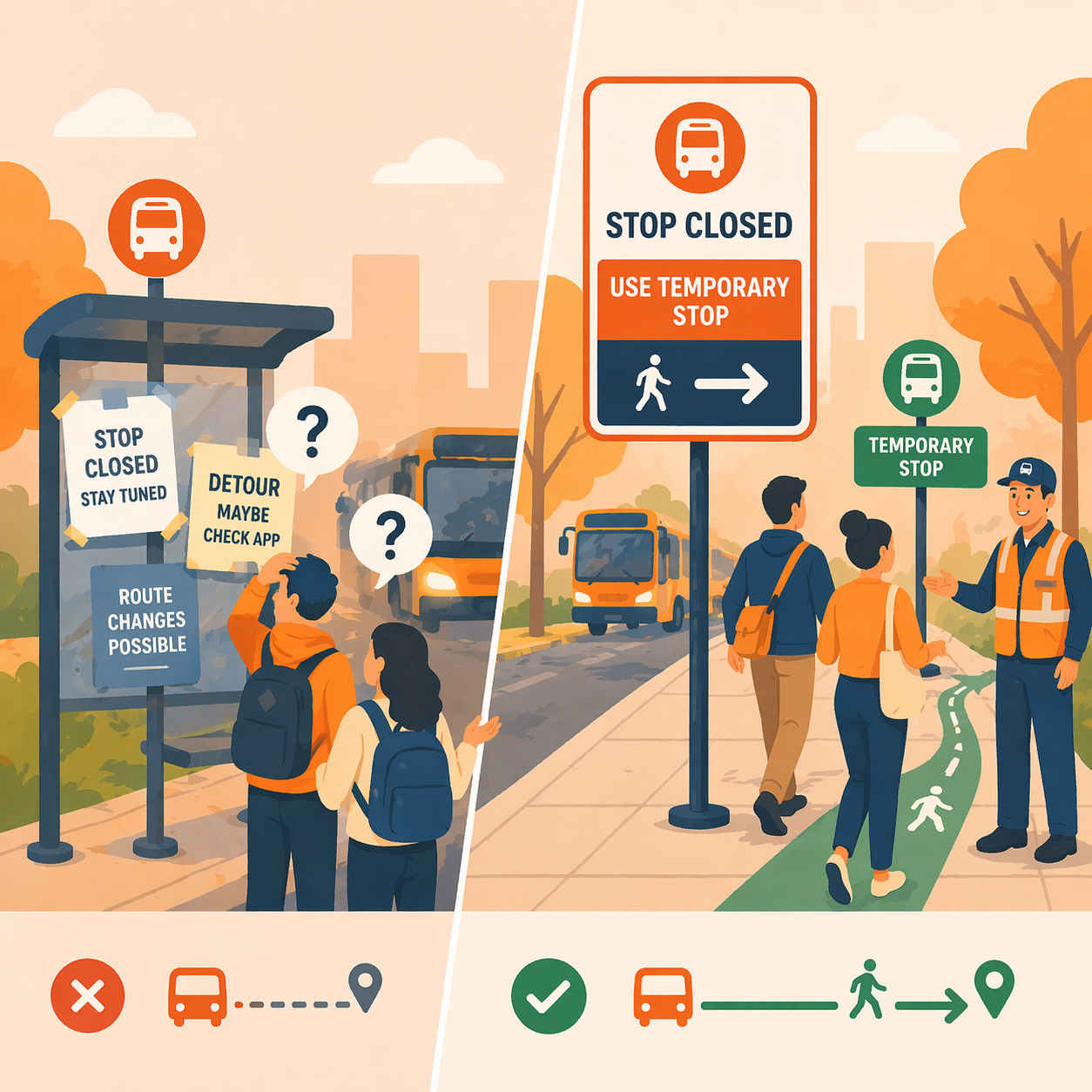 Comparison of unclear and clear transit detour signage showing rider confusion versus confidence