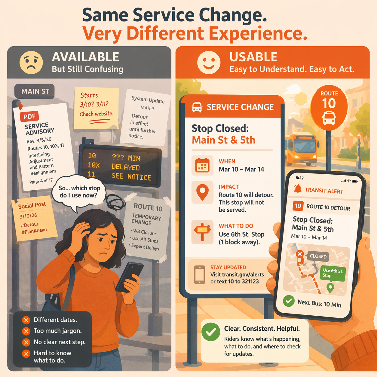 Comparison of confusing transit notices versus one clear rider-first service change update