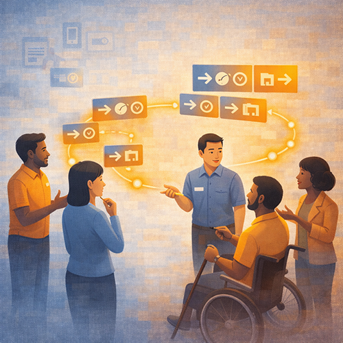 Transit staff and partners providing multilingual guidance with consistent scripts and clear language support routing