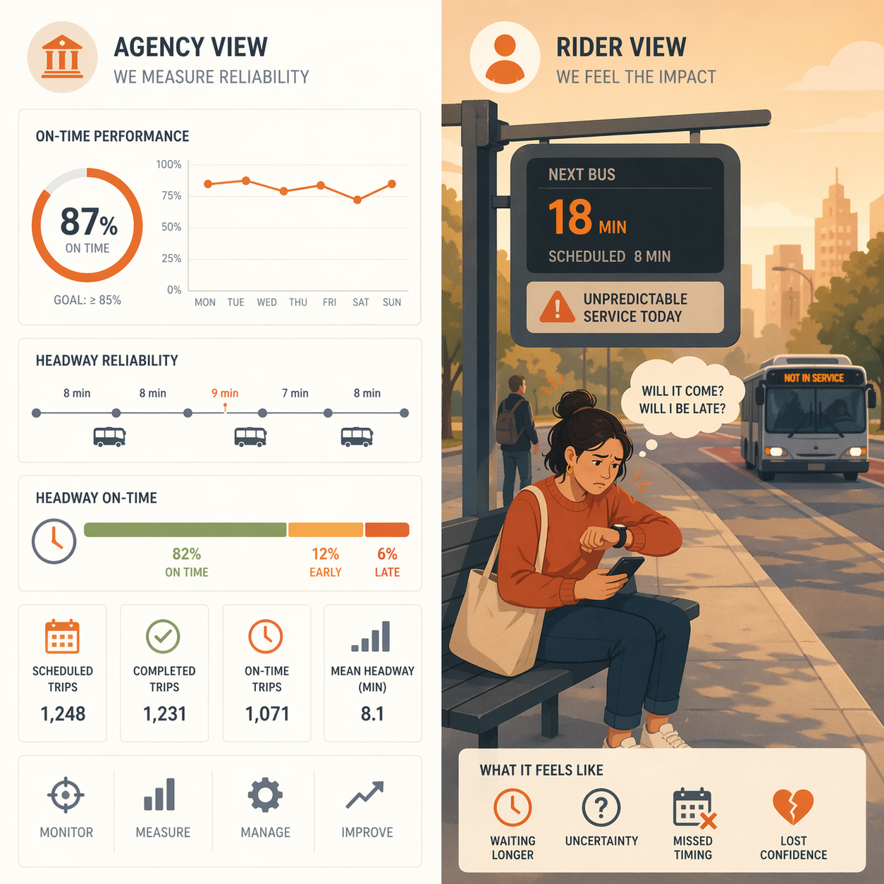 Illustration comparing technical transit reliability metrics with a rider’s lived experience of waiting and uncertainty