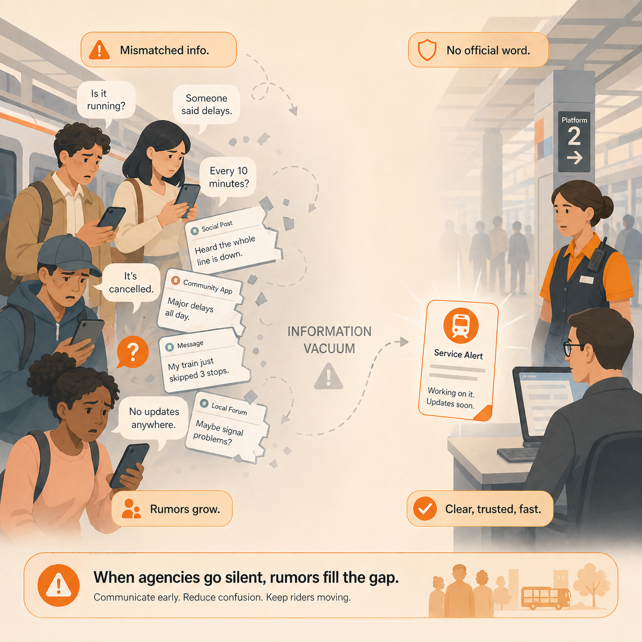 Confused transit riders checking phones while fragmented messages and rumors fill the information gap during a service disruption.