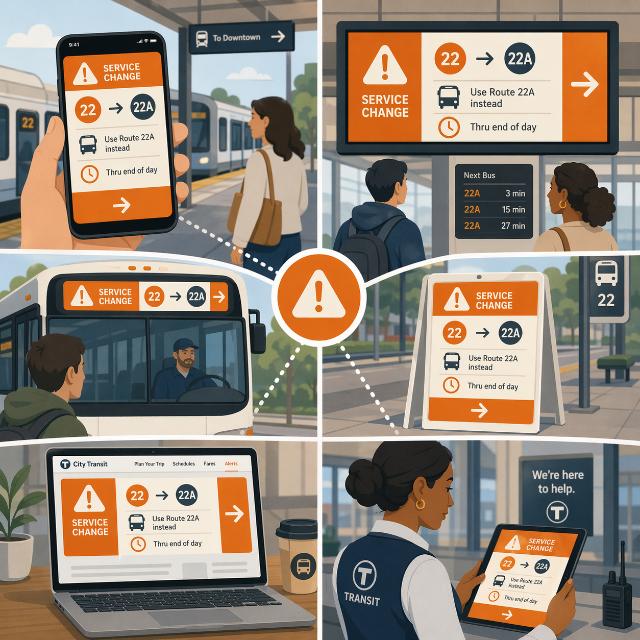 Illustration of a public transit service restored message appearing consistently across rider communication channels after a disruption ends