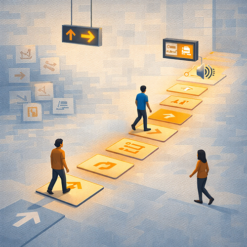 Transit station wayfinding system guiding passengers through entrances, platforms, and transfers with clear directional cues