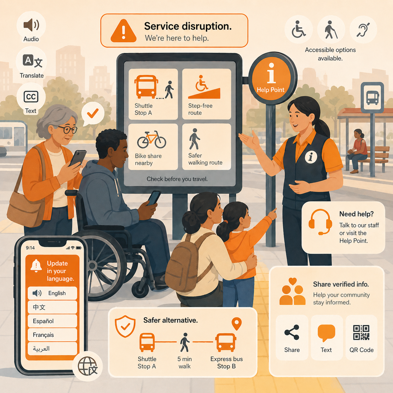 Riders in a crowded transit station filming and sharing a service disruption as alert icons and social media cues spread across the platform