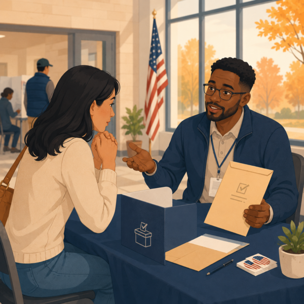 Poll worker calmly explaining the check-in process to a voter