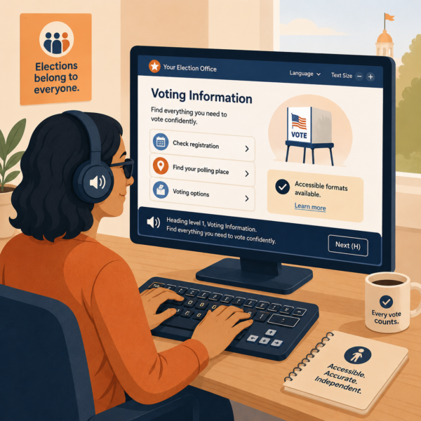 Voter uses assistive technology to navigate an election website with readable headings and accessibility controls